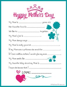 FREE Mother's Day Printable Questionnaire